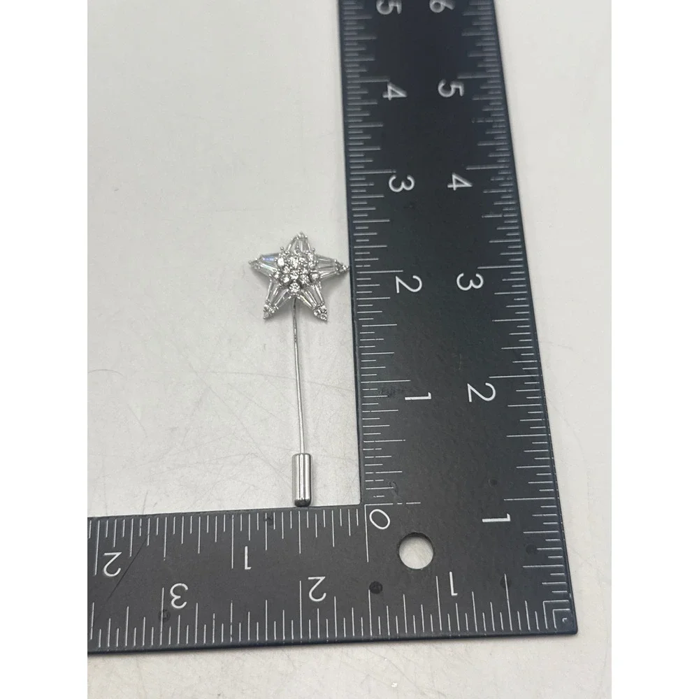 Silver Tone Star Rhinestone Stick Pin Clear Baguette Celestial Lapel Hat Pin